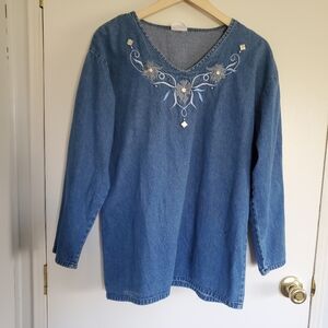 Vintage Bobbie Brooks Denim Shirt Blue V-Neck Embellished Embroidered No Size